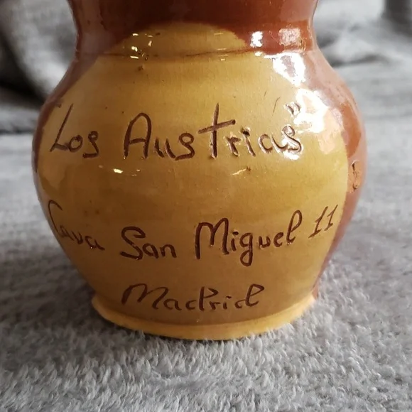 Vintage stoneware 6" pitcher handmade Los Austrias Madrid Spain brown & yellow - Picture 2 of 5